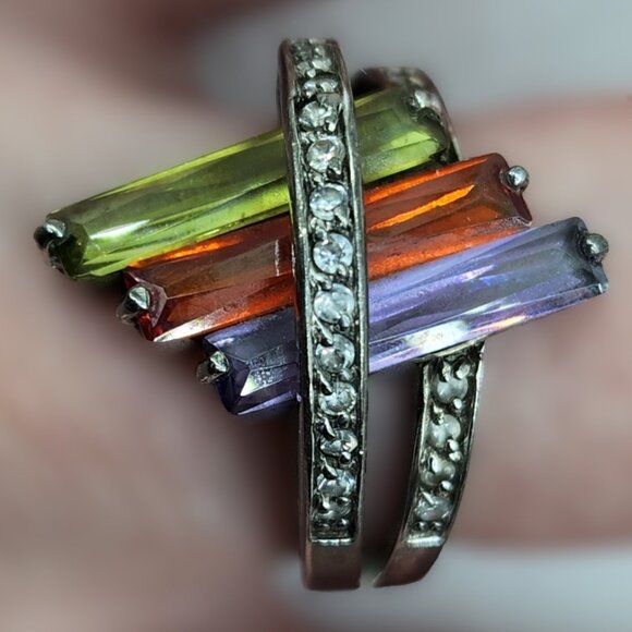 Y2K 925 Ring With Cubic Zirconia Colorful Crystals - Picture 6 of 8